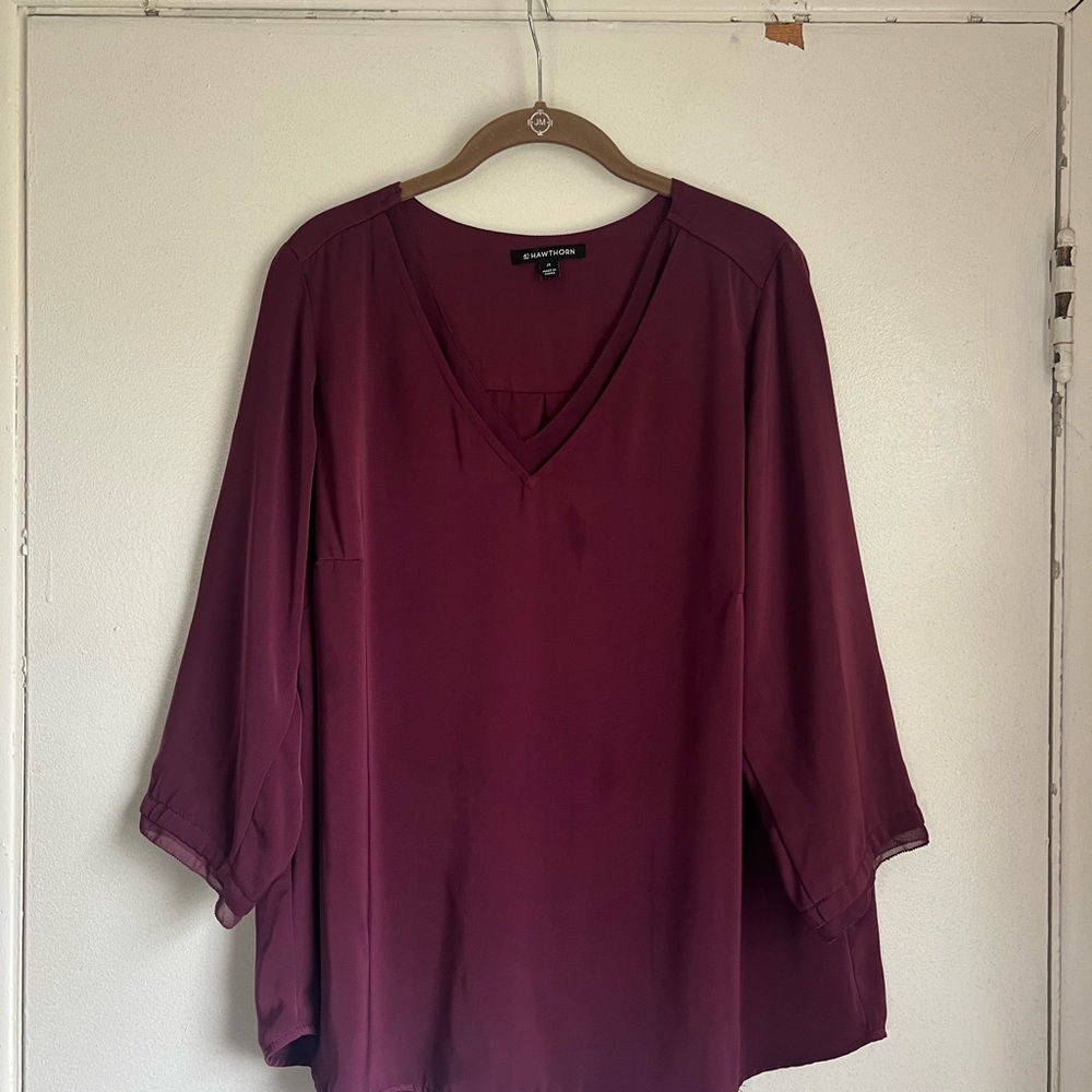 41 Hawthorn Burgundy V-Neck 3/4 Length Sleeve Pull Over Blouse Size 1X Staple
